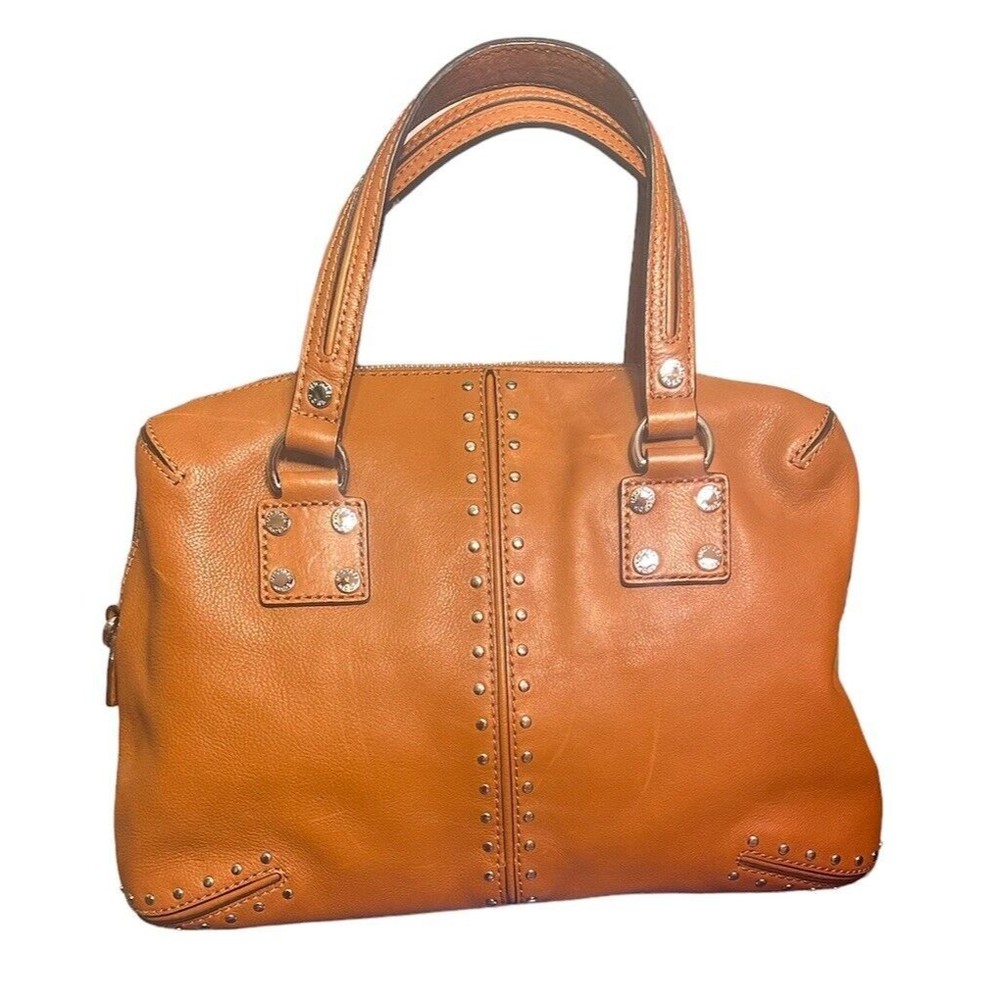 Michael Kors Uptown Satchel Tote Bag Brown Studded Leather